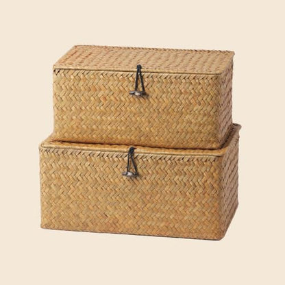 Nonam M&L Seagrass Storage Baskets with Lids, Woven Organizer Bins, Natural - color: Natural-M+L
