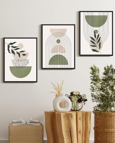Drsoum Green Botanical Boho Wall Art Framed Modern Sage Bohemian Wall Decor Abstract Geometry Lines Prints Ready to Hang 11x14in Black Framed - color: Green Bohemain, size: 11" x14" x3pcs, Black Framed