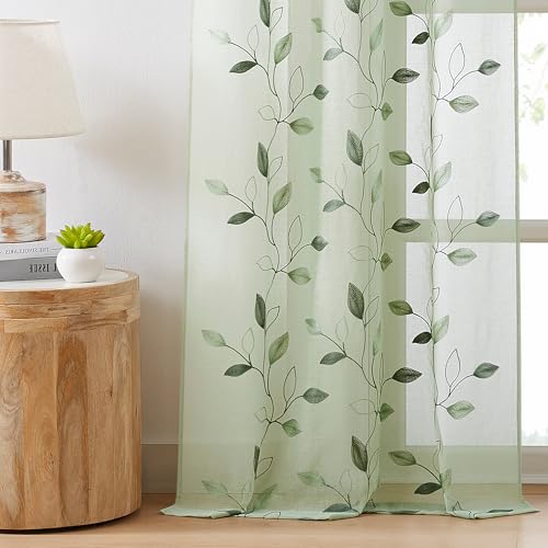 Bujasso Embroidered Leaf Sheer Curtains, Sage Green 38" Wx63 Lx2 - color: Sage Green, size: 38"W x 63"L (Pack of 2)