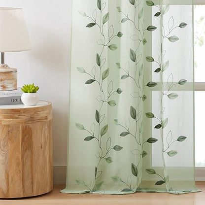 Bujasso Embroidered Leaf Sheer Curtains, Sage Green 38" Wx84 Lx2 - color: Sage Green, size: 38"W x 84"L (Pack of 2)