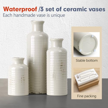 White Ceramic Vase Set of 3, Rustic Vase for Farmhouse Shelves Waterproof - color: 3pcs-crack White