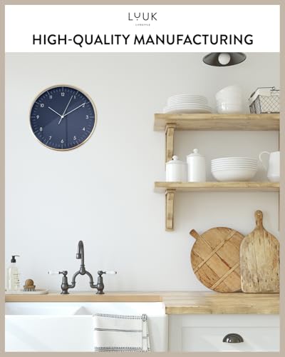 LUUK LIFESTYLE Modern Silent Quartz Wall Clock, 12in, Dark Blue & Gold | Elegant & Simple, Non-ticking, Analog, Easy-to-read display, Battery operated, for Guest room, Bedroom, Kitchen - color: Dark Blue, 12"