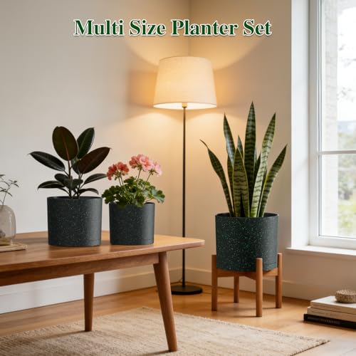 Plant Pots, 10/9/8 Inch 3 Pack Cylindrical Flower Pots with Drainage Holes and Saucers, Plastic Planters for Outdoor Indoor Plants, Black with Green Speckles - color: Black With Green Speckles