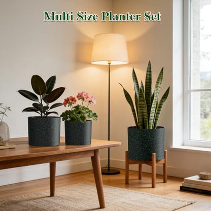 Plant Pots, 10/9/8 Inch 3 Pack Cylindrical Flower Pots with Drainage Holes and Saucers, Plastic Planters for Outdoor Indoor Plants, Black with Green Speckles - color: Black With Green Speckles