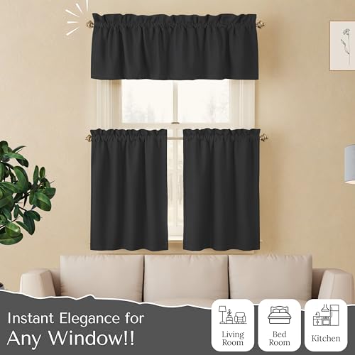 Native Fab 3 Pieces Window Curtain Tiers 26"x36" and Valance 54"x18" Set - Rod Pocket - Semi Sheer - Farmhouse Short Curtain for Kitchen, Bedroom, Bathroom - Grey - color: Grey