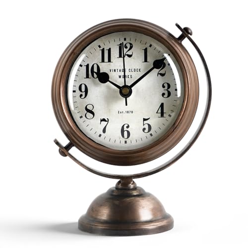 NIKKY HOME Vintage Bronze Small Table Clock, Silent Decorative Desk Clock | Non-Ticking Battery Operated Round Metal Shelf Clock, Antique Decor for Living Room, Bathroom, Kitchen & Fireplace Mantel