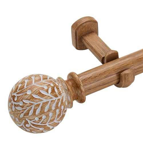 1-1/8 Inch Diameter Wood Curtain Rods for Windows 48 to 84 inch - Adjustable Seamless Aluminum Bracket - Heavy-Duty Boho Curtain Rods with Seaweed Finial - Brown Wood Grain - color: Light Wood Grain, size: 48-84"