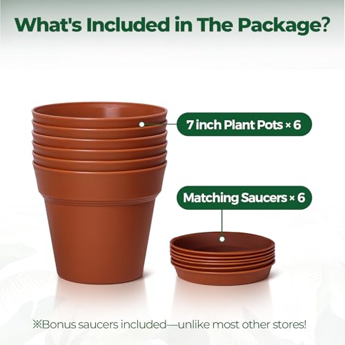T4U Plant Pots 7.5 Inch 6 Pack, Plastic Flower Pots Indoor Drainage - color: Terracotta, size: 7.5 inch