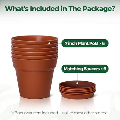 T4U Plant Pots 7.5 Inch 6 Pack, Plastic Flower Pots Indoor Drainage - color: Terracotta, size: 7.5 inch