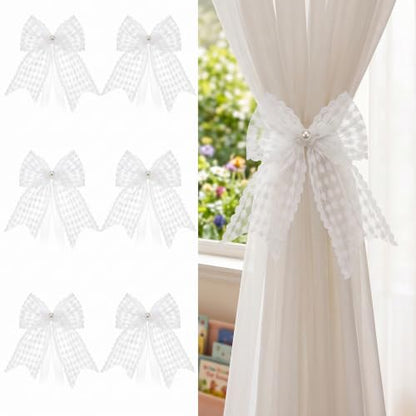 White Lace Bow Curtain Tiebacks 6-Pack, Vine Floral Curtain Holdbacks - color: White Star Flower