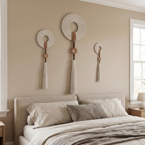 Tegeme 3 pcs Macrame Wall Hanging decor, Woven Tassel, Beige, Wood - size: Wood, style: Woven Tassel