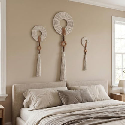 Tegeme 3 pcs Macrame Wall Hanging decor, Woven Tassel, Beige, Wood - size: Wood, style: Woven Tassel