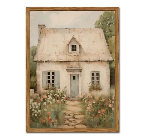 Vintage French Country Wall Art, Modern Farmhouse Wall Decor Painting, Rustic Cottage House Poster Canvas Prints Countryside Landscape Artwork for Bedroom Living Room 12x16 inch Wood Framed - color: color house C, size: 16"L x 12"W