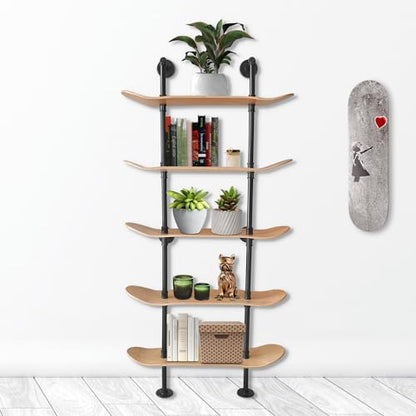 Industrial Pipe Bookcase, 5 Tier Shelf, Natural Wood Stain Finish - size: 5 Tier Shelf