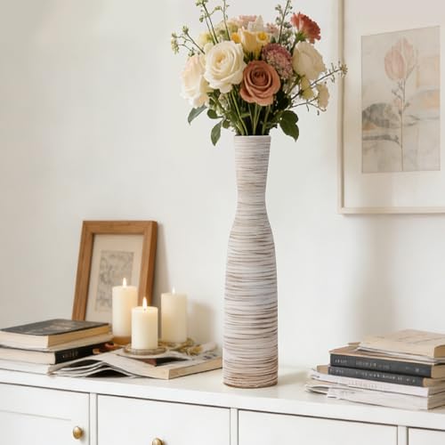 ALMA Tall Skinny Floor Vase, 20" White & Brown Modern Vases for Flower - color: Bow-white-20"