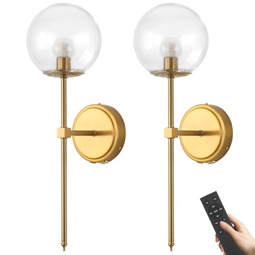 Globe Battery Operated Sconce Set of 2 with Clear Glass Lampshade - color: Gold-Clear