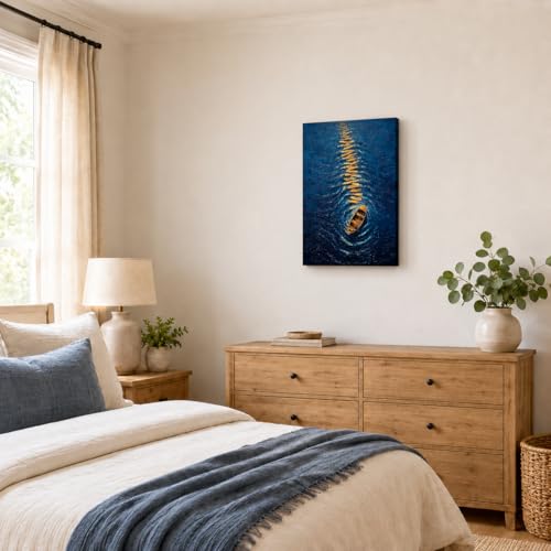 Canvas Wall Art Night Ocean Framed Style Golden Boat Reflection 16x24 Inch - color: A quiet little boat, size: 24"L x 16"W