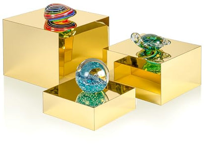 Red Co. Set of 3 Glossy Gold Acrylic Cube Display Nesting Risers with Hollow Bottoms - color: Gold, size: 6",7",8" - 1 Pack