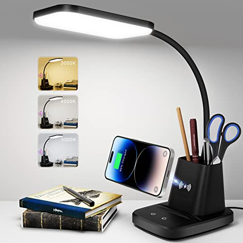 LED Desk Lamp with 10W Wireless Charging & Pen Holder, Black - color: Black