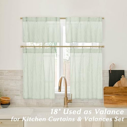 Lino Rosa Sage Green Kitchen Curtains Small 18 Inch Length Sheer Pinch Pleated Curtains with Hooks for Bathroom Window - color: Sage Green, size: 24"W x 18"L (Pack of 2)