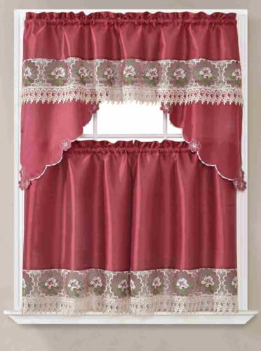 Generic 3-Piece Set Embroidered Window Curtain 2 Panels 1 Valance for Kitchen Restaurant Bar BR (Burgundy BR-04) - color: Burgundy Br-04