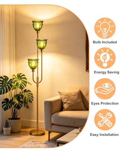 Green Glass Floor Lamp 66IN 3-Light Modern Gold Dimmable Tree Floor Lamps - color: Green Lace-Gold