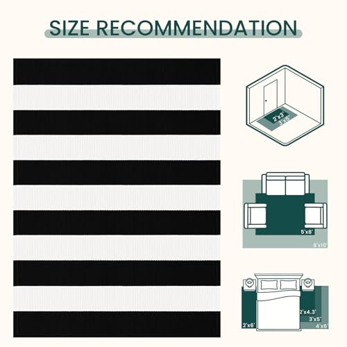 KOZYFLY Black and White Outdoor Rug 4x6 Ft Washable - color: Black and White, size: 4' x 6' (Rectangular)