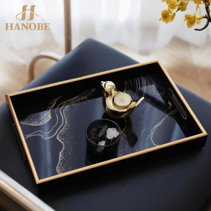 Hanobe Black Ottoman Serving Tray with Handles for Coffee Table Home Decor