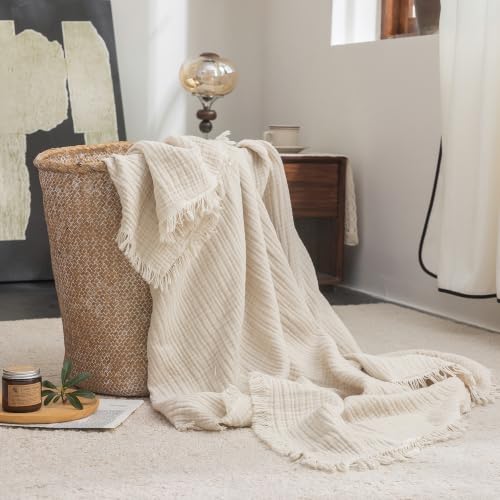 FOSSA Muslin Blanket 4-Layer 100% Cotton Gauze Blanket with Fringe 50"x70" - color: Beige, size: Throw XL (50" × 70")
