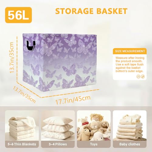 Purple Butterfly Laundry Hamper 56L Large Storage Bin with Handles - color: Purple Butterfly