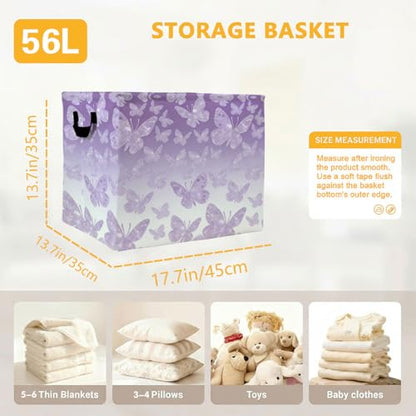 Purple Butterfly Laundry Hamper 56L Large Storage Bin with Handles - color: Purple Butterfly