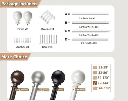 KAMANINA 7/8 Inch White Curtain Rod 72 to 144 Inch with Round Finials - color: Ivory White, size: 72-144"