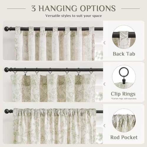 Lazzzy Green Floral Linen Curtains Farmhouse Rod Pocket 50W X 84L 2 Panels - color: Green on Beige, size: 50"W x 84"L (Pack of 2)