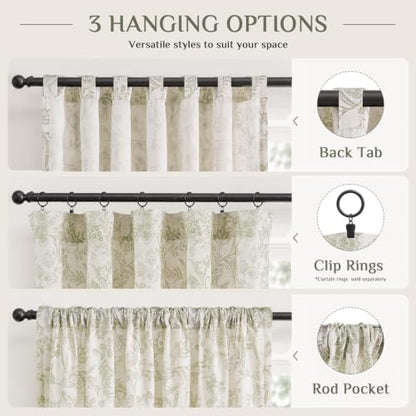 Lazzzy Green Floral Linen Curtains Farmhouse Rod Pocket 50W X 84L 2 Panels - color: Green on Beige, size: 50"W x 84"L (Pack of 2)