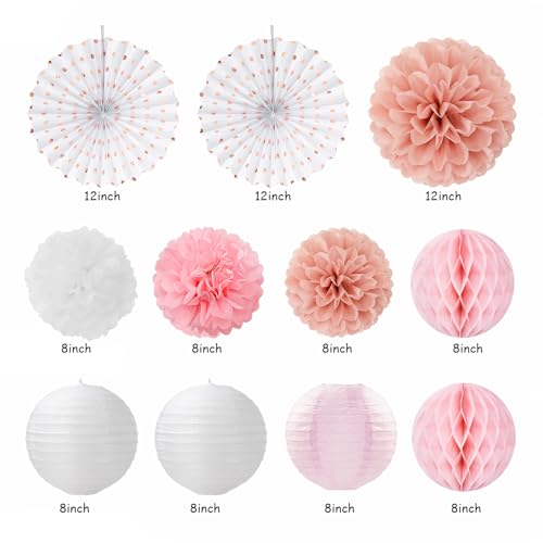 Pink White Rose-Gold Birthday Party-Decorations - 21pcs Happy Banner, Paper Lanterns,Tissue Pom Poms Flower Fan,Honeycomb Ball,Swirl Streamers Garland Supplies Decor Girls Women Huglony - color: Pink White Rose-gold