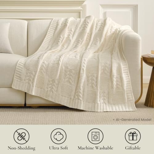 Amélie Home Chenille Knit Throw Blanket, Cream White 50"x60" - color: Cable Cream White, size: 50" X 60"
