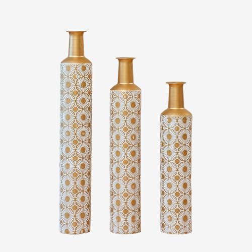 Metal Floor Vases with Embossed Leaf Pattern Set of 3, Tall Gold Decorative Vases for Living Room & Entryway, Large Modern Farmhouse Home Decor for Gold Geometric Floral
