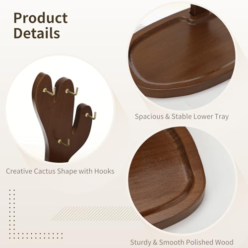Key Tray for Entryway Table, Acacia Wooden Key Holder Stand with 4 Hooks and Storage Tray, Cactus-Shaped Organizer, Decorative Catchall for Glasses, Watch, Perfume, Jewelry