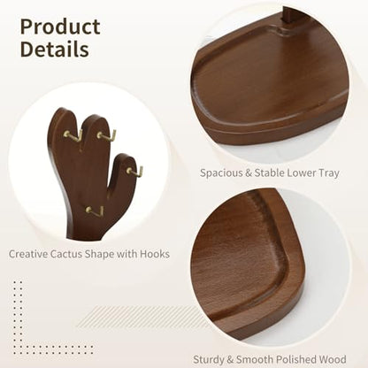 Key Tray for Entryway Table, Acacia Wooden Key Holder Stand with 4 Hooks and Storage Tray, Cactus-Shaped Organizer, Decorative Catchall for Glasses, Watch, Perfume, Jewelry