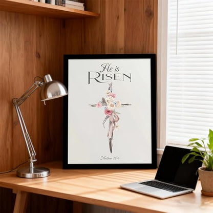 dzbLuck He Is Risen Christian Wall Art, Floral Cross Print in Wood Frame - color: Cross, size: 8"L x 10"W