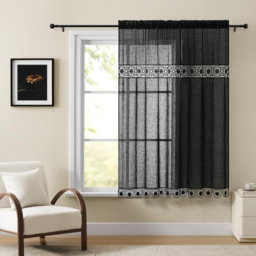 Gibelle Black Boho Farmhouse Living Room Curtains 63 Inch Length, Modern Country Window Curtain for Bedroom, Linen Bohemian Rustic Draperies - color: Black, size: 56"W x 63"L (Pack of 1)