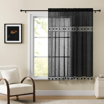 Gibelle Black Boho Farmhouse Living Room Curtains 63 Inch Length, Modern Country Window Curtain for Bedroom, Linen Bohemian Rustic Draperies - color: Black, size: 56"W x 63"L (Pack of 1)
