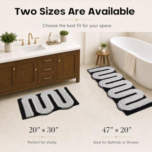 Geometric Design Boho Runner Bathroom Rugs, Long Scalloped Cute Bath Mat Non Slip for Bedroom Kitchen Hallway Laundry Room, Funky Retro Farmhouse Bath Rug Washable, Black/Grey, 51"x20" - color: Black, size: 1'8" x 4'3" (Rectangular)