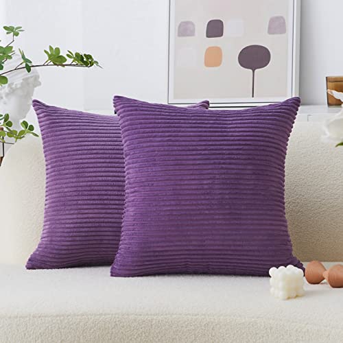 Home Brilliant Purple Pillows Covers Sofa Pillows Set of 2 Decorative Striped Velvet Throw Pillow Cases, 40cm, 16 x 16 Inch, Eggplant - color: Eggplant, size: 16" x 16" (Pack of 2)