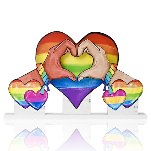 Smile Pride Month Wooden Tabletop Decor Rainbow Heart & Hand-Heart Desktop Plaques with Stands LGBTQ+ Indoor Home & Office Decor Gay Pride Gift Idea - style: Rainbow Heart