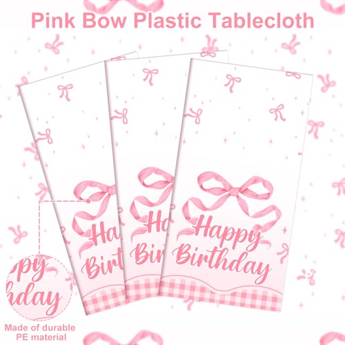 3 Pack Coquette Pink Bow Plastic Tablecloth, Happy Birthday Table Cloth - color: Pink Bow