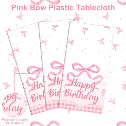 3 Pack Coquette Pink Bow Plastic Tablecloth, Happy Birthday Table Cloth - color: Pink Bow