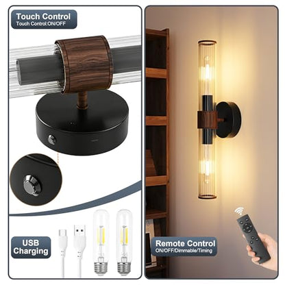 Morauroral Black Walnut Battery Operated Wall Sconces Set of 2 - color: Black Walnut