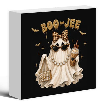 Preppy Halloween Leopard Bow Ghost Wood Box Sign Desk Decor 5X5 - color: Glam Ghost