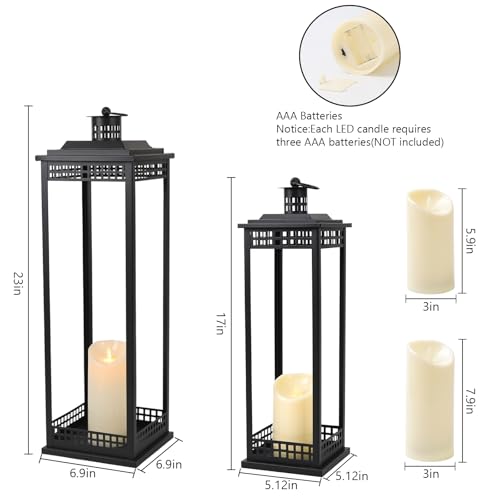 Large Lanterns Decorative Indoor, 2 Pcs Black Floor Lanterns with Candles - size: 23in and 17in